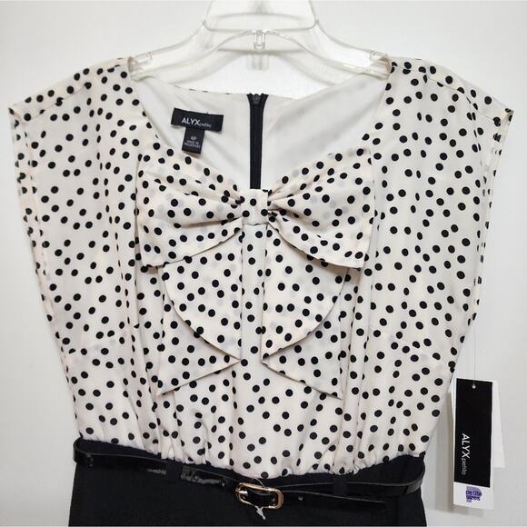 NWT Alyx Cream Black Office Siren Polka Dot Dress, Size 4 Petite - Picture 2 of 8
